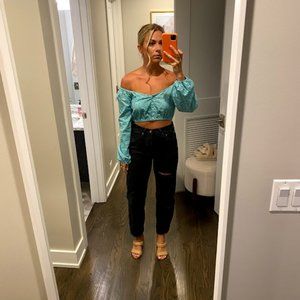 Off the shoulder blue top
